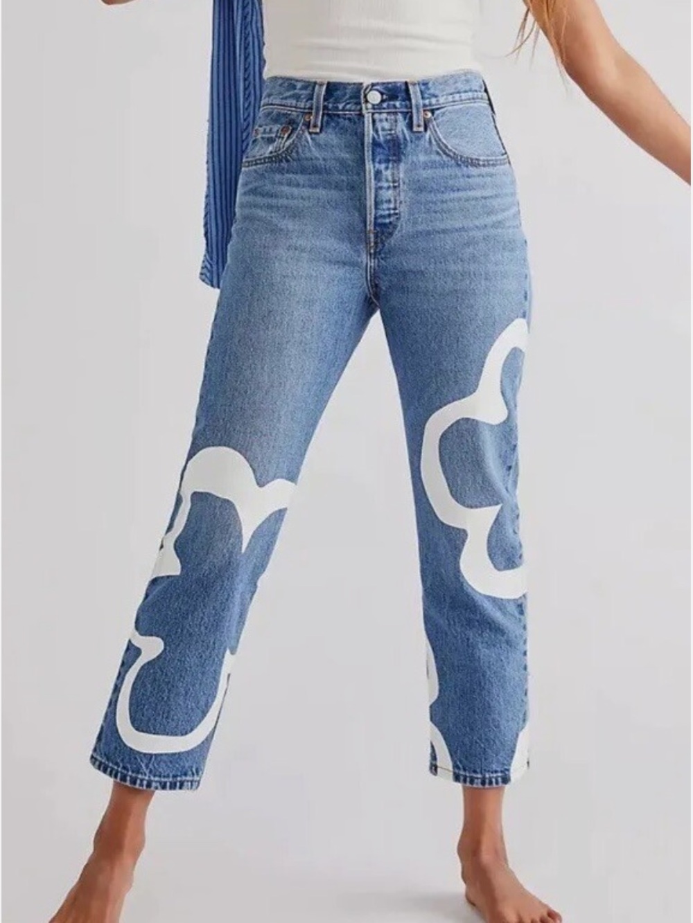 Levi's 501 Crop Paint by Number Flower Wavy Lined Straight Denim Blue Jeans 26